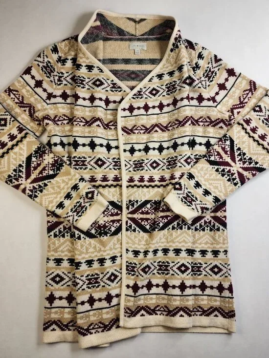 Lucky Brand Aztec Knit Shawl Collar Open Cardigan Sweater Medium M Cotton Blend - Picture 2 of 13
